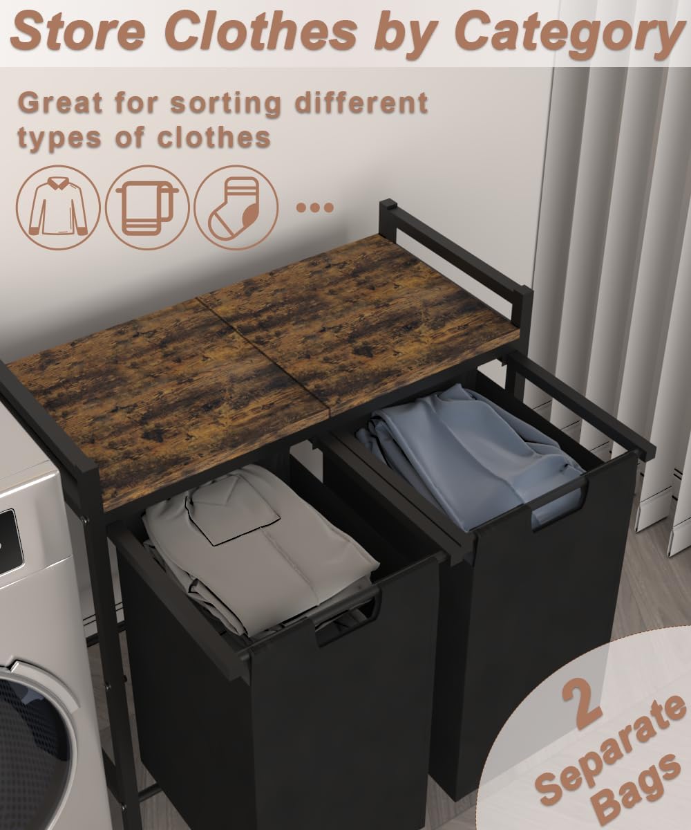 10 x 3 Gal Large Laundry Hamper with 3 Pull-Out & Removable Sorter Bags, Freestanding Clothes Basket Organizer for Clothing or Toys in Bathroom and Living Room, Rustic Brown and Black