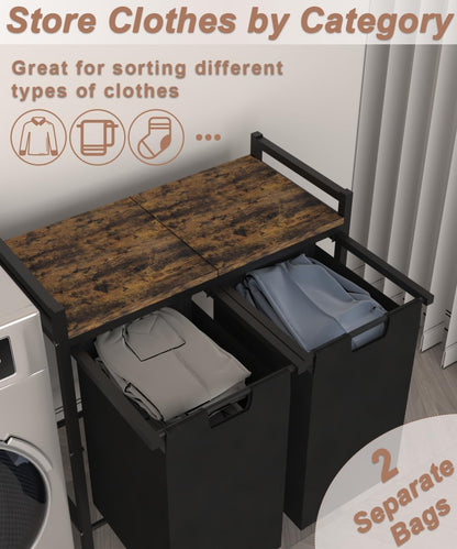10 x 3 Gal Large Laundry Hamper with 3 Pull-Out & Removable Sorter Bags, Freestanding Clothes Basket Organizer for Clothing or Toys in Bathroom and Living Room, Rustic Brown and Black