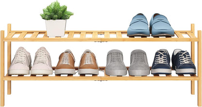 BMOSU 2-Tier Bamboo Small Shoe Rack Premium Stackable Shoe Shelf Storage Organizer for Hallway Closet Living Room Entryway Organizer (Black Bamboo)