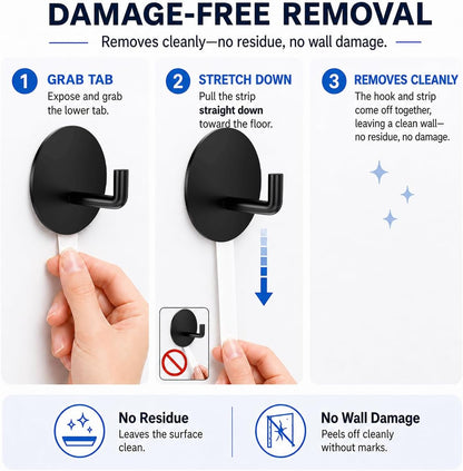Removable Towel Hooks for Bathrooms, Heavy Duty Adhesive Hooks for Walls No Damage, Black Home Storage Hooks for Inside Shower, Sticky Hooks for Hanging Robe Coat Loofah Clothes Kitchen, 14Pcs Sus304
