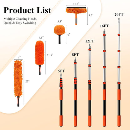 26ft High Reach Duster Kit with 5-20ft Heavy-Duty Extra Long Extension Pole, Vaulted Ceiling Cobweb Brush, Washable Ceiling Fan Duster, Microfiber Duster & Window Squeegee for Tall Ceiling