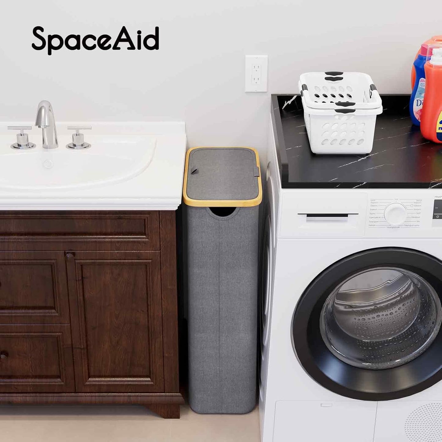 SpaceAid Double Laundry Hamper 2 Section with Lid and Removable Laundry Bags, 160L Clothes Basket with Bamboo Handles, Large Collapsible Hamper for Bedroom, Bathroom, Dorm, Laundry Room - White