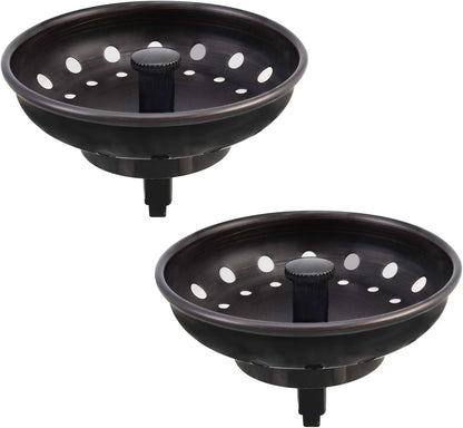 KONE 2PCS Kitchen Sink Basket Strainer Replacement for 3-1/2 Inch Standard Drains Brushed Stainless Steel Body Metal Center Knob with Rubber Stopper