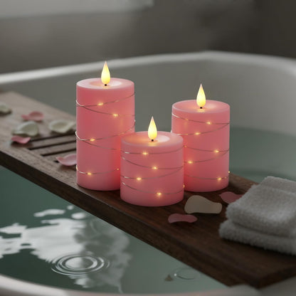 Raycare Flameless Candles with Remote Timer, Flickering Battery Operated LED Pillar Fake Candle with String Lights for Home Decor, Christmas, Wedding and Gift, White, Set of 3