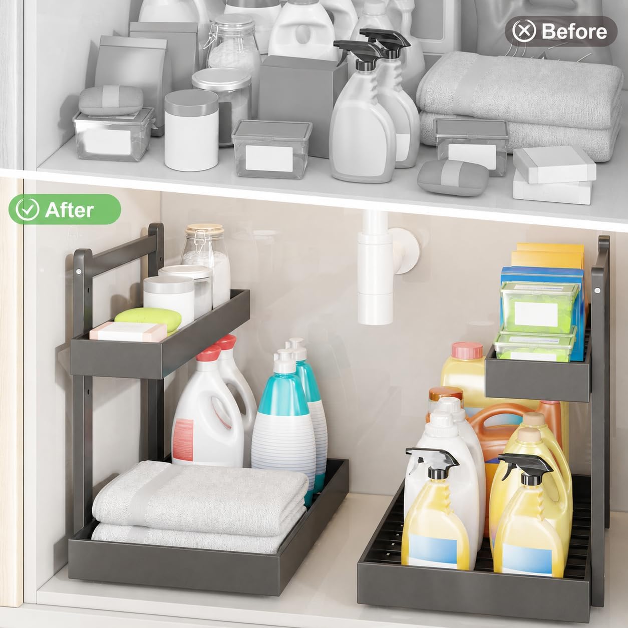 Under Sink Organizer - 2-Tier Pull Out Cabinet Organizer Vertical Slide Out Sink Shelf Storage Shelves for Multi-Purpose Bath Kitchen Bathroom Medicine (Nature, 2 Packs)