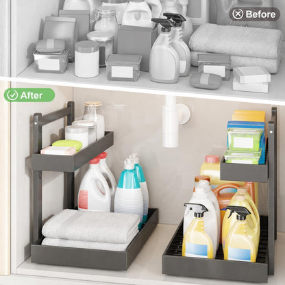 Under Sink Organizer - 2-Tier Pull Out Cabinet Organizer Vertical Slide Out Sink Shelf Storage Shelves for Multi-Purpose Bath Kitchen Bathroom Medicine (Nature, 2 Packs)