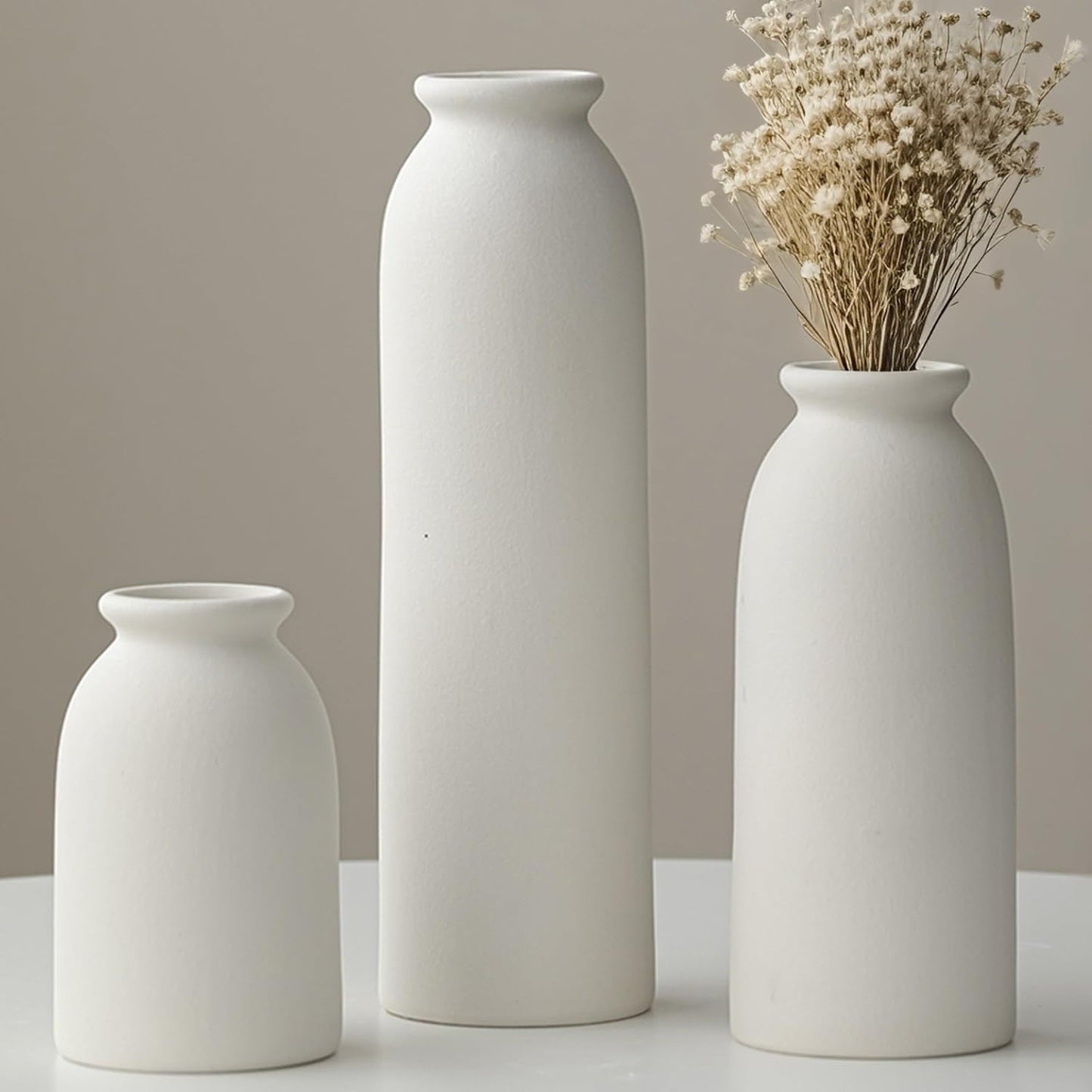 Ceramic Vase Set-3, Small Flower Vases for Decor, Modern Boho Farmhouse Style, Decorative Vases for Pampas Grass & Dried Flowers, Distressed Finish (Beige)