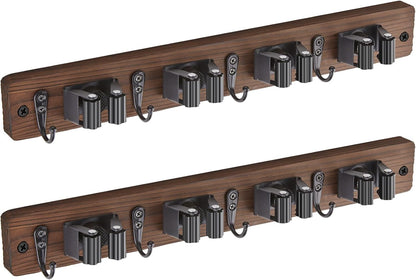 OUTNILI Mop and Broom Holder Wall Mount - Wood Broom Mop Hanger - Wall Mounted Garden Tool Rack Organizer for Closet Garage Laundry Room for Rustic Kitchen Decor With 5 Slots & 4 Hooks
