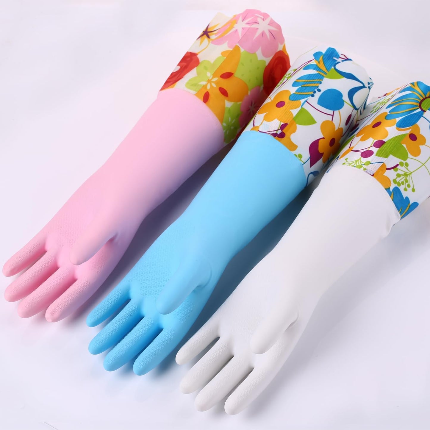 Bamllum 2 Pairs Rubber Cleaning Gloves, Household Kitchen Dishwashing Gloves with Cotton Flocked Liner, Long Cuff 16 Inches (Yellow+Pink, Medium)