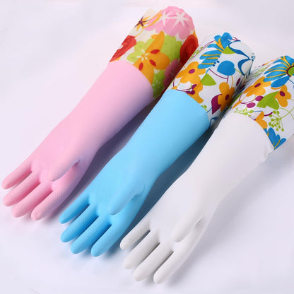 Bamllum 2 Pairs Rubber Cleaning Gloves, Household Kitchen Dishwashing Gloves with Cotton Flocked Liner, Long Cuff 16 Inches (Yellow+Pink, Medium)