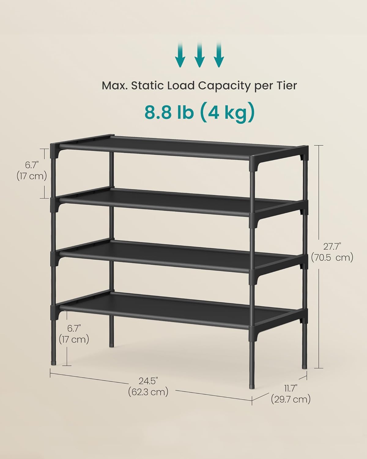 SONGMICS Shoe Rack, 2-Tier Shoe Storage Organizer, Space-Saving, 11.7 x 16.5 x 12.2 Inches, Entryway, Metal Frame, Non-Woven Fabric Shelves, Ink Black ULSH012BH01