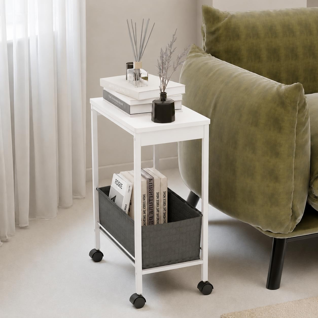Rustic Brown Rolling Side Table with Storage Basket, Narrow End Table on Wheels for Small Spaces, 15.75" D x 9.84" W x 22.05" H Sofa Side Table with Fabric Bin for Living Room and Bedroom