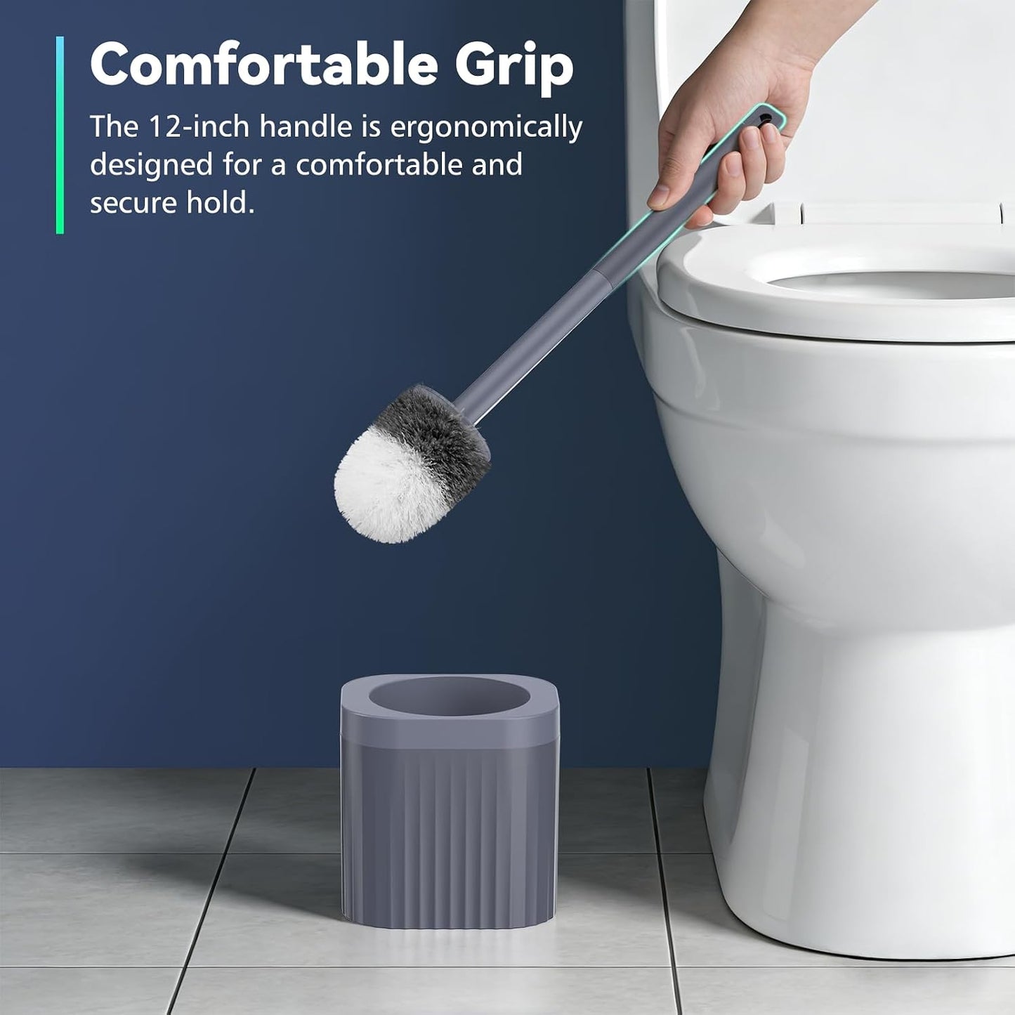 Toilet Brush, 3 Pack Compact Toilet Bowl Brush and Holder Set with Nylon Bristles Toilet Cleaner Brush Hidden Toilet Scrubber Brush for Bathroom Cleaning, Grey & White
