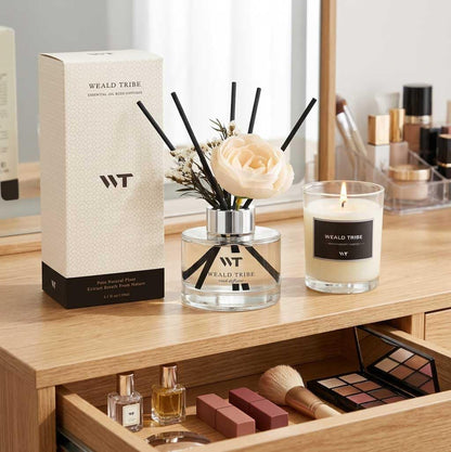 Flower Reed Diffuser Set Wild Eucalyptus Mint Scent for Bathroom Accessories Shelf Decor & Air Fresheners, Sticks Defusers with 5.1 fl oz Essential Oils & Leaves, House Bedroom Office Decor & Gifts