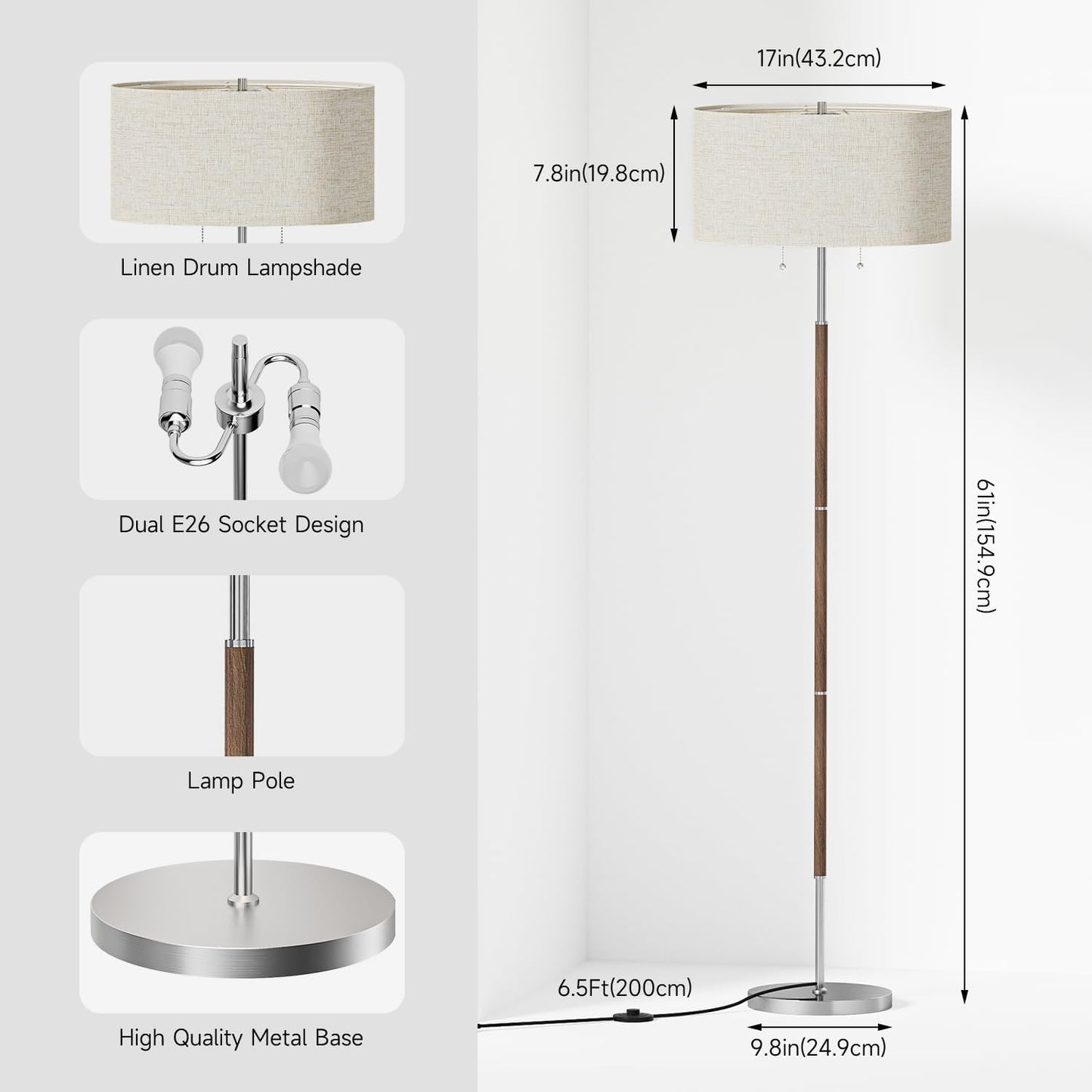 Karjoefar 2-Light Floor Lamp, Mid Century Floor Lamp with White Fabric Shade, Standing Lamp Tall Lamp for Living Room Bedroom, 3 Color Temperatures 9W Bulb Include