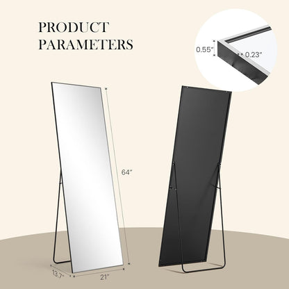 DUMOS 64"x21" Full Length Mirror, Full Body Mirror, Black | Aluminum Alloy Thin Frame, Leaning or Hanging, Suitable for Bedroom, Livingroom, Cloakroom