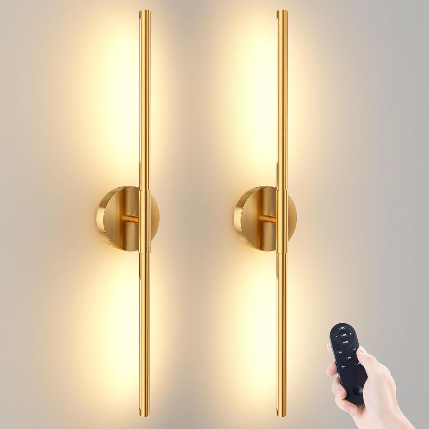 JOFIOS Battery Operated Wall Sconces Set of 2, 360°Rotation Wireless Rechargeable Wall Lights: Dimmable Detachable Wall Lamp with Remote Control, 3000K-6000K Infinite Dimming Wall Sconce 27.6 Inch
