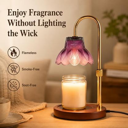 Candle Warmer Lamp with Timer, Dimmer, Vintage Glass Shade | Adjustable height, 2/4/8-hour timer, wood base, 2 bulbs included