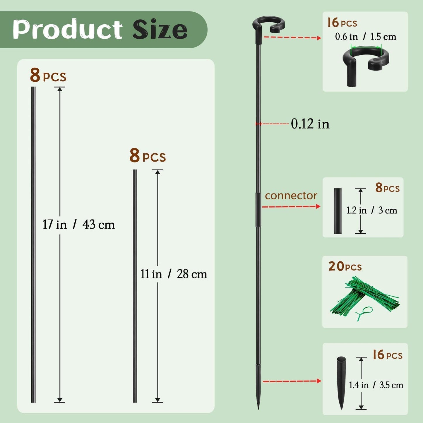 Plant Stakes 17inch &11inch SupKing Adjustable Length Plant Support Stake 16Pcs Orchid Stick with Clips for Indoor Outdoor,Garden Pole for Potted Tomato Amaryllis Vegetables Comes with 20 Ties (Green)