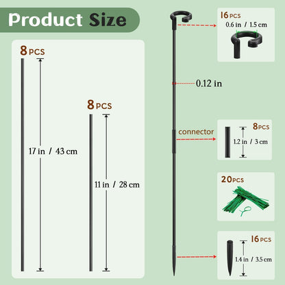 Plant Stakes 17inch &11inch SupKing Adjustable Length Plant Support Stake 16Pcs Orchid Stick with Clips for Indoor Outdoor,Garden Pole for Potted Tomato Amaryllis Vegetables Comes with 20 Ties (Green)