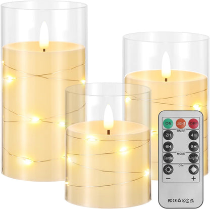 Blue Flameless Candles with Remote, Real Wax Glass Battery Operated Candles with Timer, LED Pillar Candle for Bedroom Home Wedding Birthday Party Fall Halloween Christmas Decorations, Set of 3