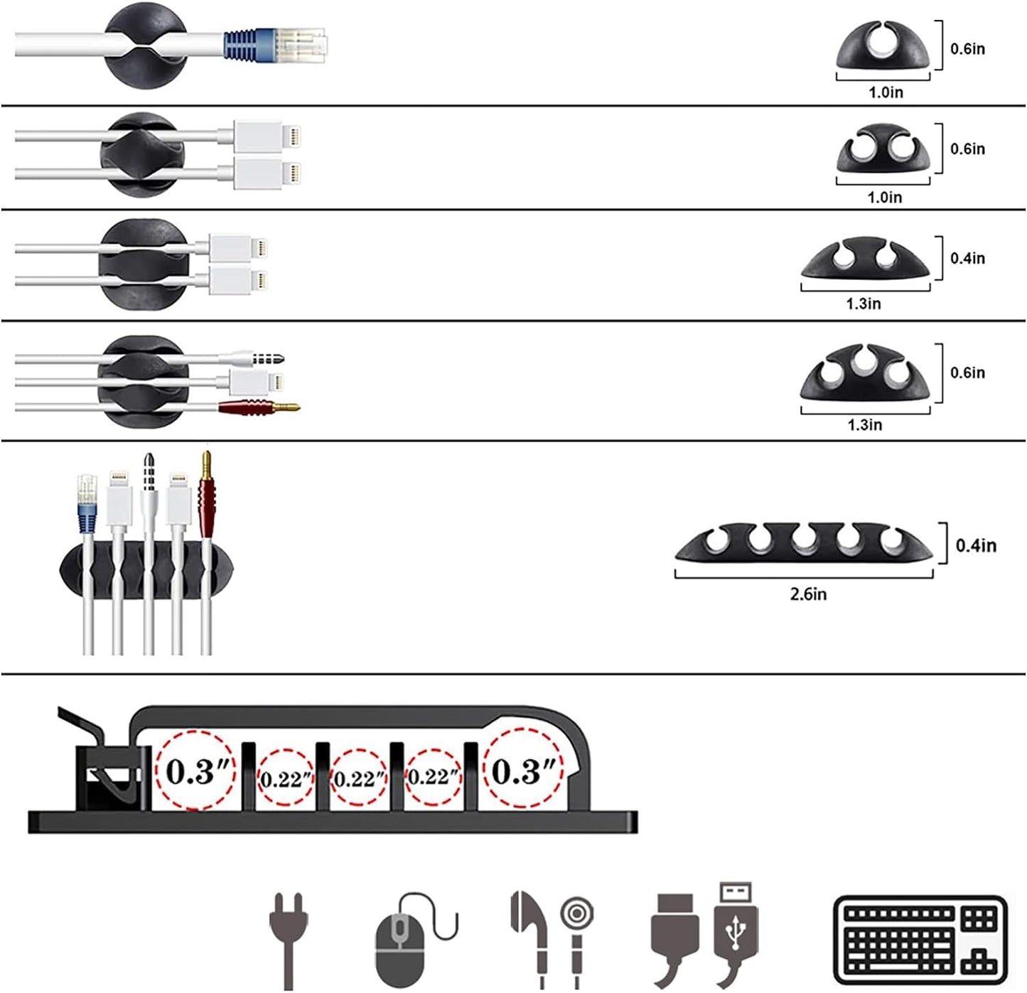 ELII 300PCS Cable Management Kit,4 Cable Sleeve 35 Cable Clips | 11Cord Holders,20 Roll Cable Organizer Straps, 200 Fastening Cable Ties,20 Cable Zip Tie Mounts for Computer TV Under Desk