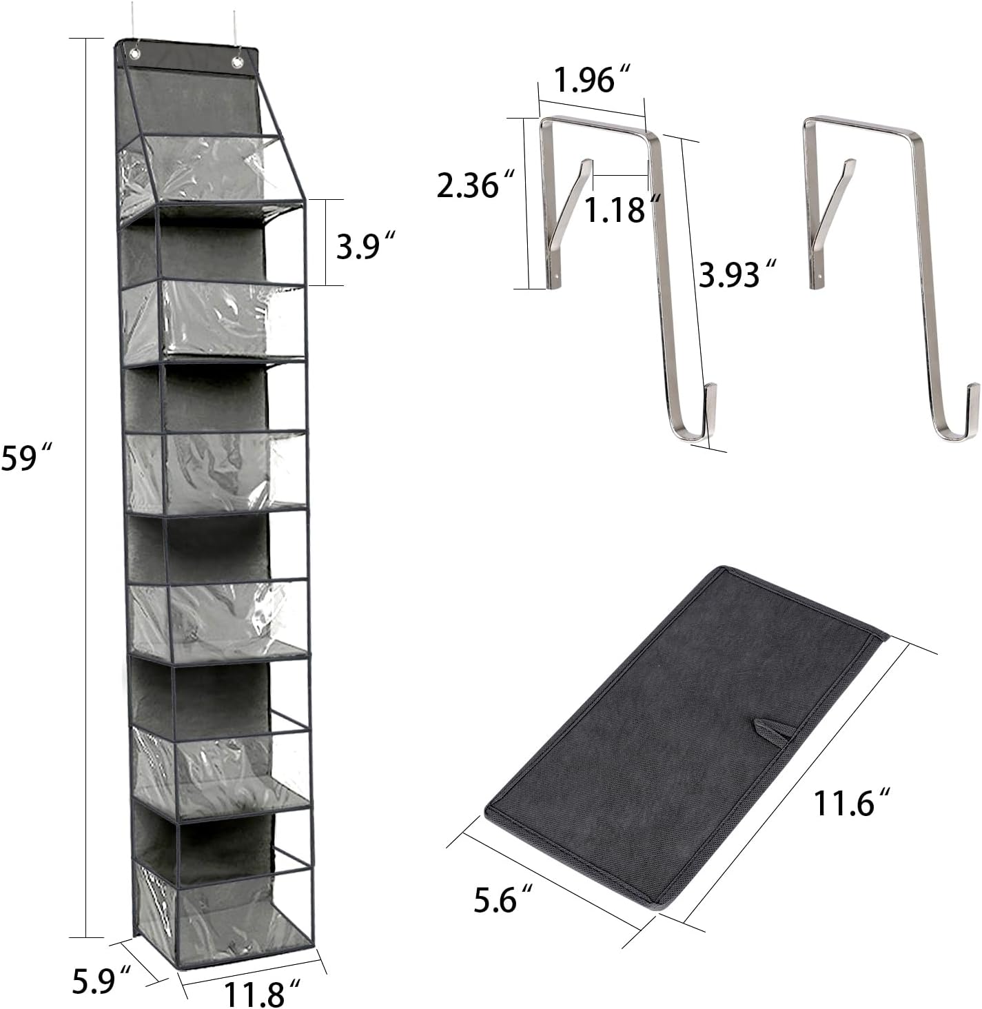 4-Shelf Over The Door Hanging Pantry Organizer, Behind The Door Storage Organizer, with Clear Plastic Pockets, for Bedrooms, Closets, Bathrooms, Small Apartments, College Dorms (Grey)