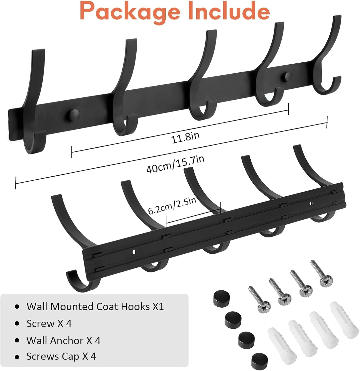 Optish Coat Rack Wall Mount, Wall Hooks for Hanging, Entry Coat Hooks Coat Hanger, Hat Rack Holder for Wall, Key Holder Purse Racks, Towel Rack for Bathrooms (2 Pack, Black)
