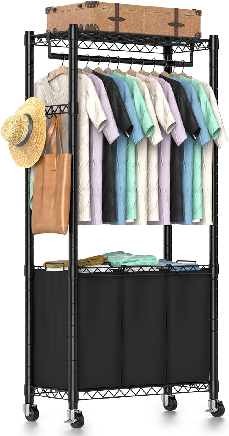 Hodonas Rolling Laundry Basket Organizer with Wheels and Hanging Bar, Laundry Hamper Cart Laundry Sorter 3 Section, Dirty Clothes Hampers for Laundry Bedroom Bathroom w/ 3 Removable Bags, Black