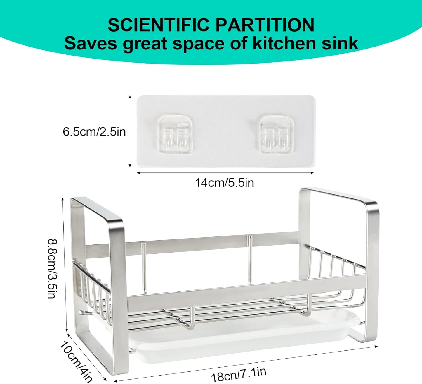 TEZZ Sponge Holder for Kitchen Sink- Stainless Steel Kitchen Sink Caddy for Organizing Sponge, Brush & Soap Dish Dispenser, coutertop Organizer Rack with Adhesive or Counter top, Black