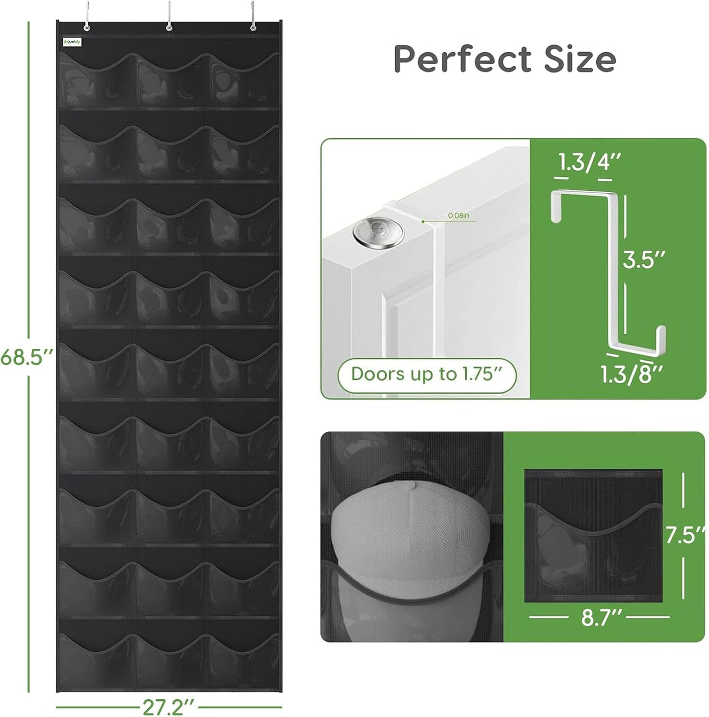 Baseball Hat Rack, 24 Pocket Over-The-Door Hat Organizer with Clear Deep Pockets to Display Baseball Caps Collection, Complete with 3 Over Door Hooks (Black, 24 Pockets)
