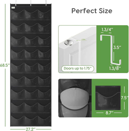 Baseball Hat Rack, 24 Pocket Over-The-Door Hat Organizer with Clear Deep Pockets to Display Baseball Caps Collection, Complete with 3 Over Door Hooks (Black, 24 Pockets)