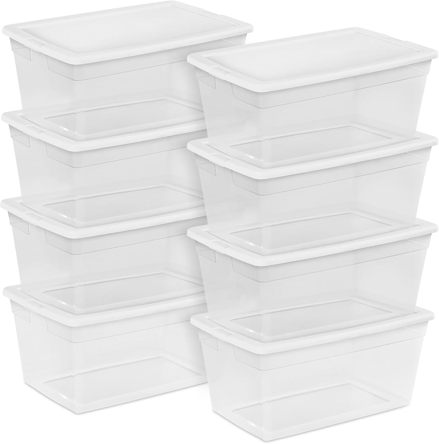 Sterilite 6 Pack Storage Box, 41 Quart Stackable Tote, Clear Plastic Container with Secure Snapping White Lids for Home and Office Organization