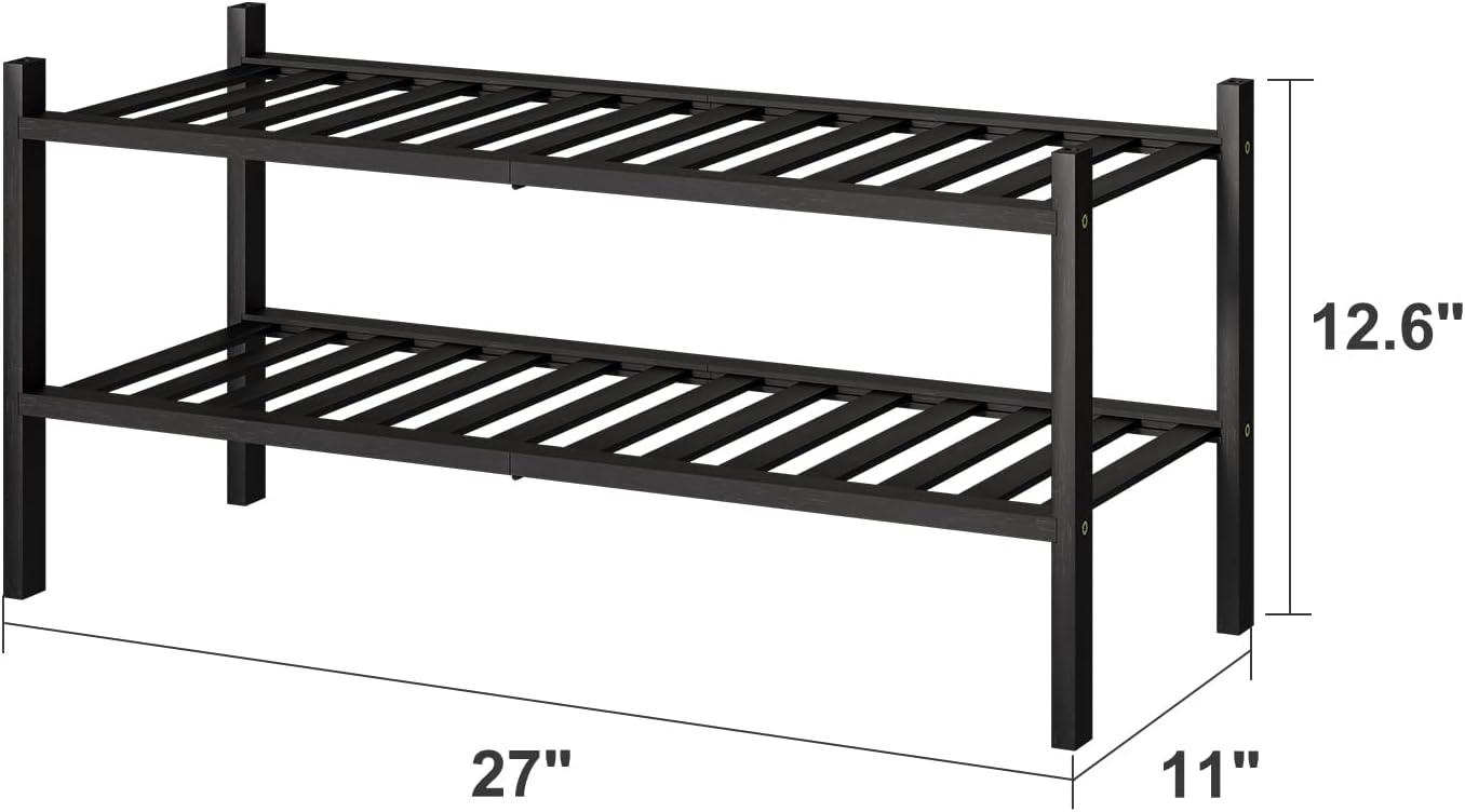 viewcare 3-Tier Black Bamboo Shoe Rack for Entryway, Stackable | Foldable | Natural, Shoe Shelf Storage Organizer for Hallway Closet, Free Standing Shoe Racks for Indoor Outdoor