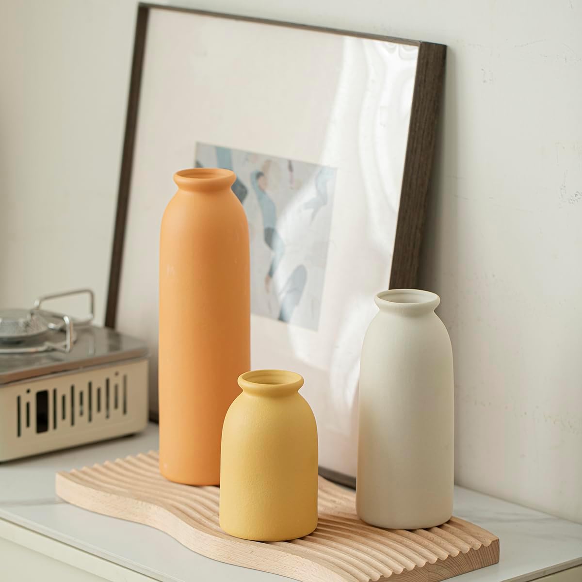 Ceramic Vase Set-3, Small Flower Vases for Decor, Modern Boho Farmhouse Style, Decorative Vases for Pampas Grass & Dried Flowers, Distressed Finish (Beige)