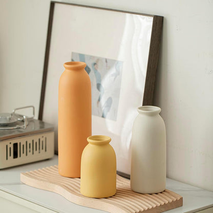 Ceramic Vase Set-3, Small Flower Vases for Decor, Modern Boho Farmhouse Style, Decorative Vases for Pampas Grass & Dried Flowers, Distressed Finish (Beige)