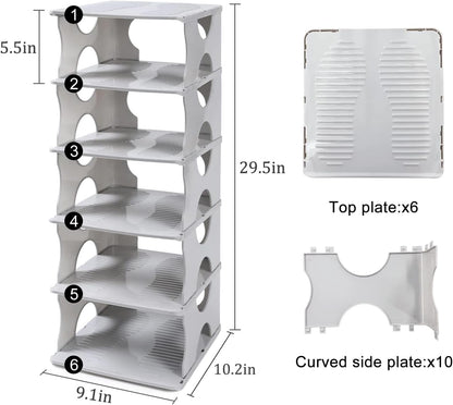 6-Tier Shoe Rack, Stackable Storage Organizer for Bedroom Entry, Adjustable Rack, Shoe Slots Shelf, Easy Tower Rack, Grey