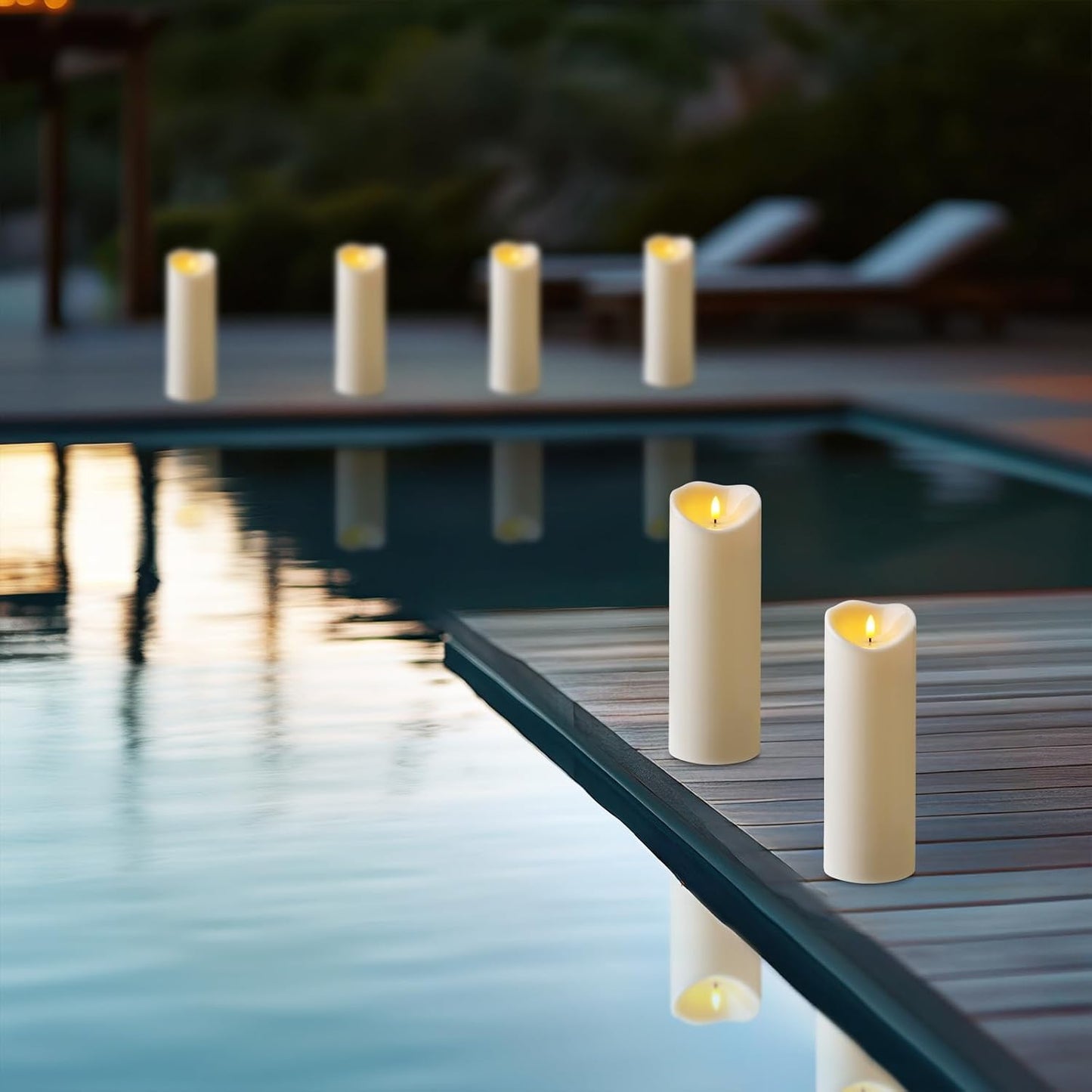 Amagic IP65 Waterproof Outdoor Flameless Candles with Remote, LED Candles Battery Operated with Timer, Flickering Fake Pillar Candle for Outside Patio Yard Decor, Ivory, Set of 5, D3 X H4 5" 6" 8" 8"