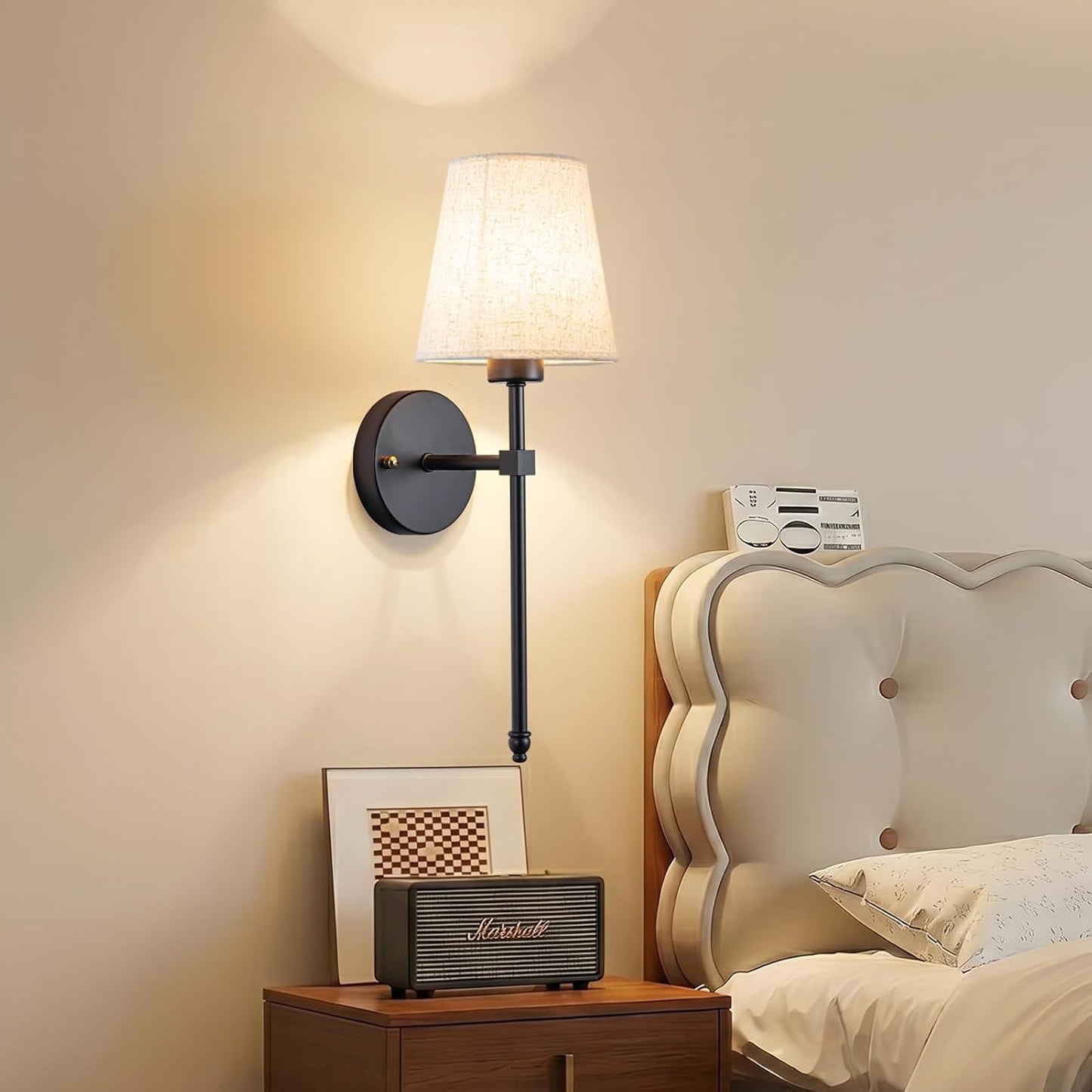 Battery Operated Wall Sconce Set Of Two with Remote Control, Indoor Not Hardwired Dimmable Battery Operated Wall Sconce Light Fixture with Fabric Linen Shade For Bedroom Living Room, Bulb Included ( C