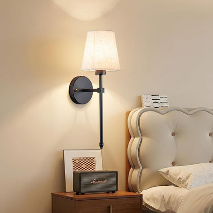 Battery Operated Wall Sconce Set Of Two with Remote Control, Indoor Not Hardwired Dimmable Battery Operated Wall Sconce Light Fixture with Fabric Linen Shade For Bedroom Living Room, Bulb Included ( C