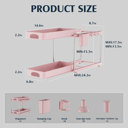 VERIFOST 2 Pack Under Sink Organizers and Storage, Double Sliding Kitchen Cabinet Organizer, 2 Tier Height Adjustable Countertop Organizer for Kitchen Bathroom Laundry, White