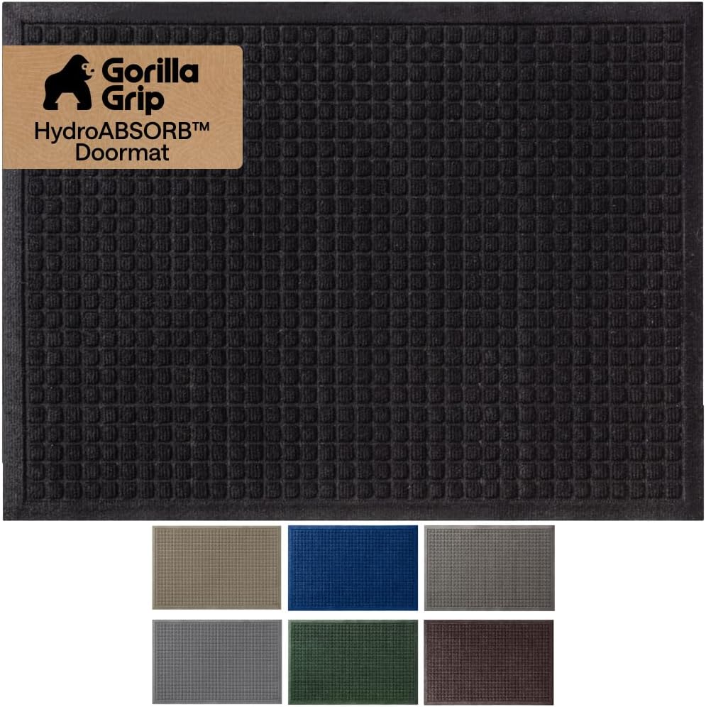 GORILLA GRIP® Ultra Absorbent Front Door Mat Outside Entrance, Traps Dirt and Moisture, HydroABSORB Indoor Outdoor Doormat Holds Up to 1.7 Cups Water, Stain and Fade Resistant Welcome Mat, 29x17 Black