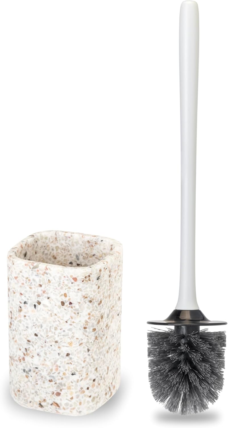 Vigar Zense Toilet Brush and Holder Set - Toilet Bowl Brush and Holder, Polyresin Stone Bathroom Accessory, Compact Toilet Cleaner Brush for Bathroom Decor and Toilet Accessories Set - White Marble