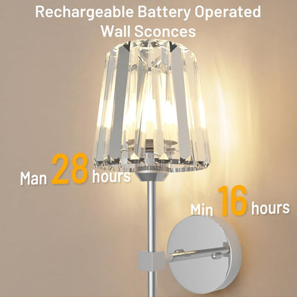 Crystal Battery Operated Wall Sconces Set of 2, Gold Rechargeable Wireless Wall Sconce Lights with Crystal Lampshade, 12 RGB and 3CCT Dimmable Wall Lamps with Remote for Bedroom Living Room Hallway