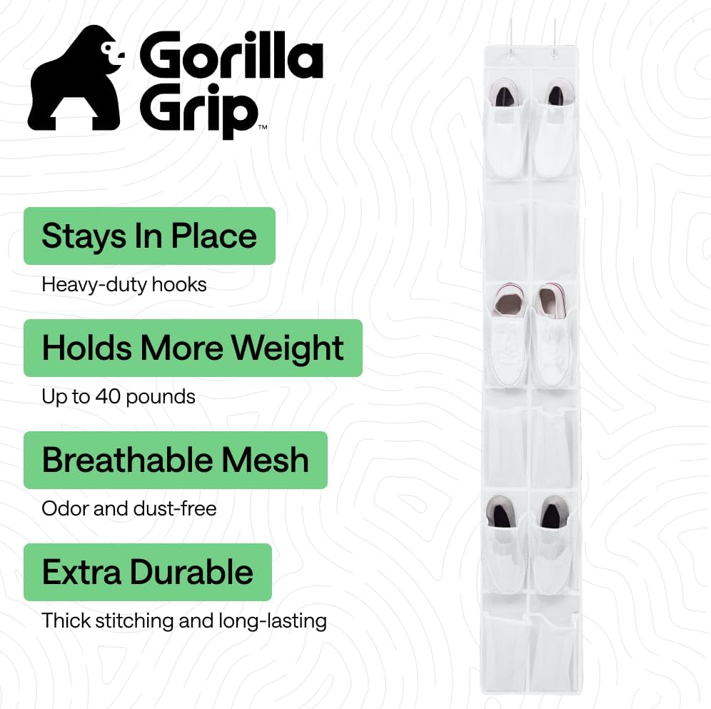 GORILLA GRIP Over the Door Shoe Organizer, 24 Large Breathable Mesh Pockets, Space Saving Hanging Storage Holder, Closet Rack Hanger Holds Up to 40 lbs, Hangs on Closets for Shoes, Accessories, Grey