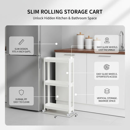 Slim Rolling Storage Cart, White | Plastic Utility Organizer, With Wheels, For Narrow Gaps, Kitchen and Bathroom