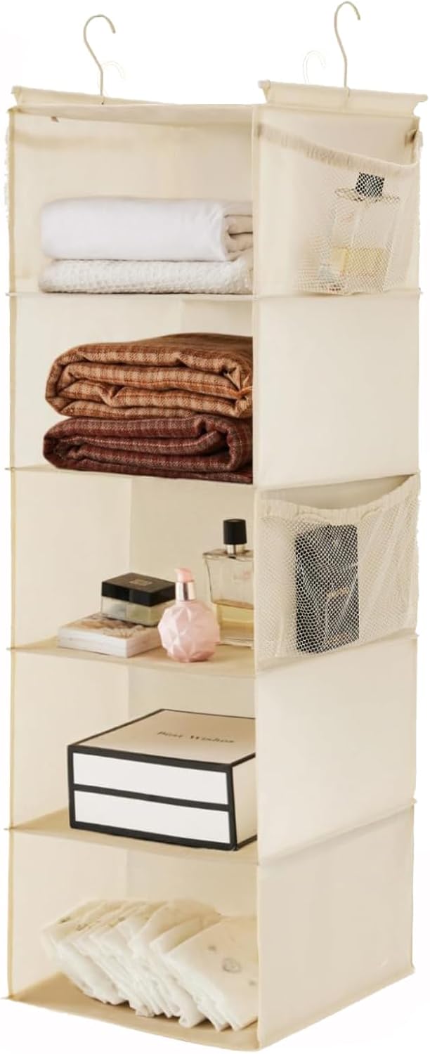 MAX Houser 4-Shelf Hanging Closet Organizer, Space Saver, Cloth Hanging Shelves with 2 Side Pockets, Foldable (Beige)