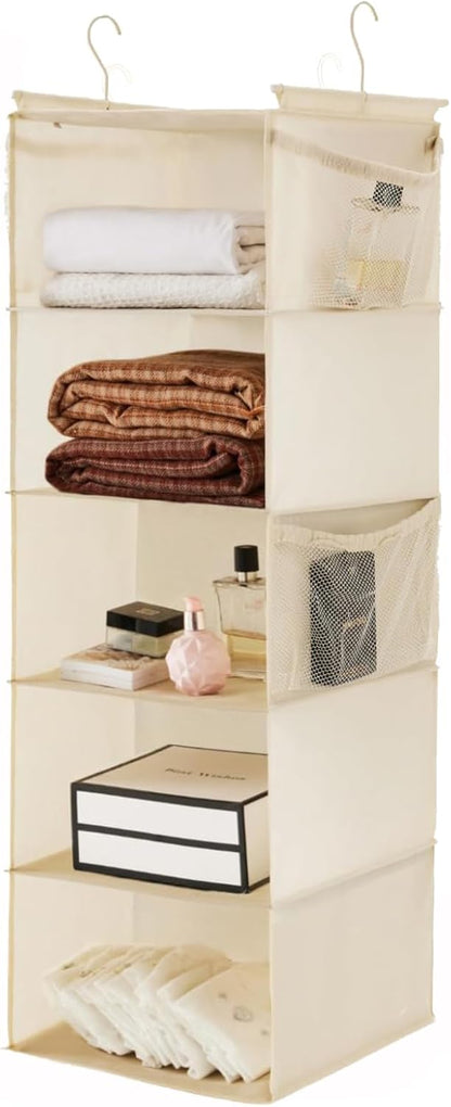 MAX Houser 4-Shelf Hanging Closet Organizer, Space Saver, Cloth Hanging Shelves with 2 Side Pockets, Foldable (Beige)