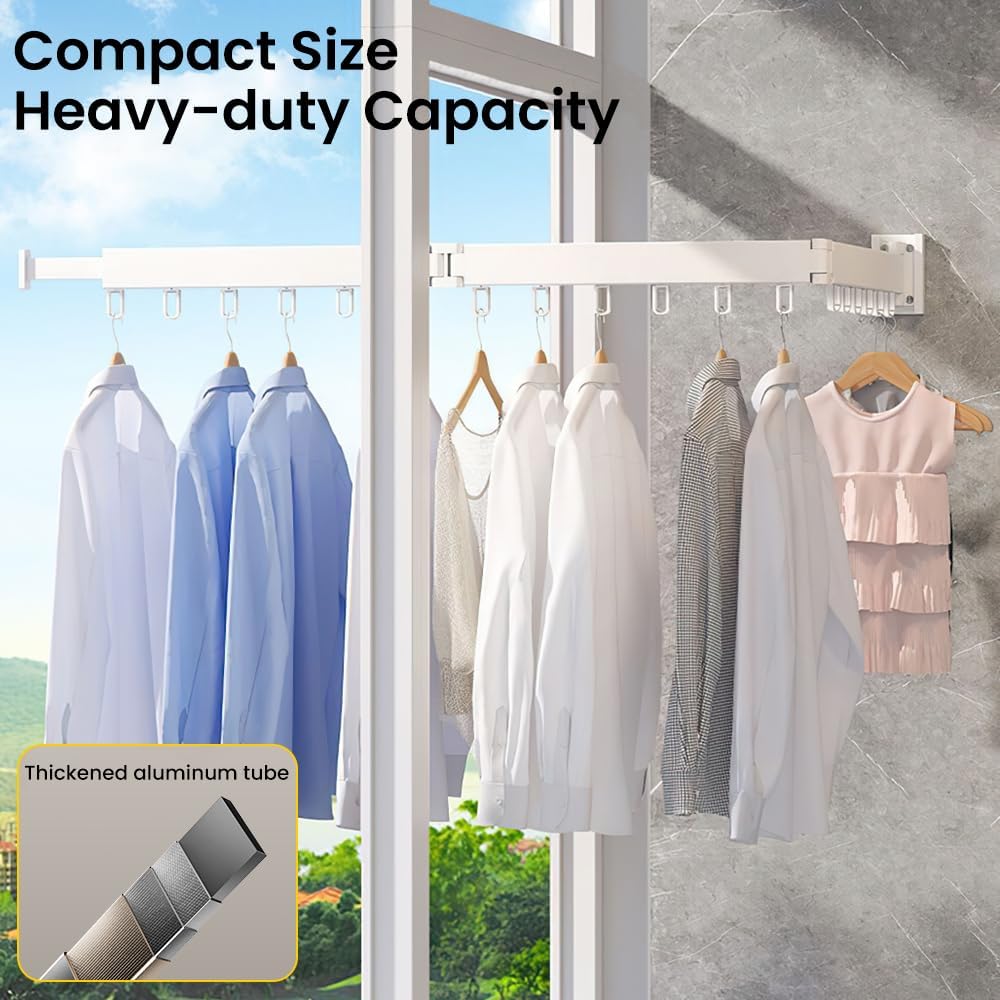 HomeBeyond Aluminum Wall Mounted Drying Rack, Upgrade 3-Fold Foldable Retractable Clothing Drying Rack with 12 Hooks, Space Saver Clothes Hanger for Indoor/Outdoor Use in Laundry, Balcony, Bathroom