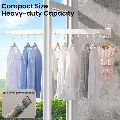 HomeBeyond Aluminum Wall Mounted Drying Rack, Upgrade 3-Fold Foldable Retractable Clothing Drying Rack with 12 Hooks, Space Saver Clothes Hanger for Indoor/Outdoor Use in Laundry, Balcony, Bathroom